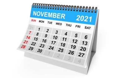 2021 Kasım takvimi beyaz arka planda. 3d oluşturma