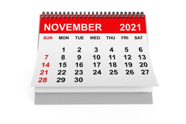 2021 Kasım takvimi beyaz arka planda. 3d oluşturma