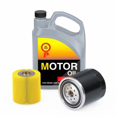 Otomobil Motor Yağı Plastik Kutusu, Filtre Element ve Yeni Yağ Filtresi beyaz arka planda. 3d Hazırlama