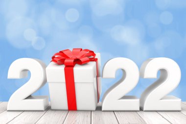 2022 Yeni Yıl Tabelası, hediye kutusu ve kırmızı kurdeleyle ahşap bir masada. 3d Hazırlama 