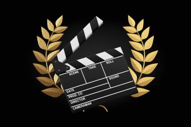 Sinema Ödülü Konsepti. Siyah arka planda Altın Laurel Çelenk Kazanan Film Tahtası Ödülü. 3d Hazırlama