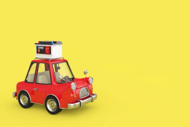 Şarj edilebilir Araç Bataryası 12V Acülatörü, Soyut Etiketli, sarı arka planda Kırmızı Çizgi Film Arabası. 3d Hazırlama