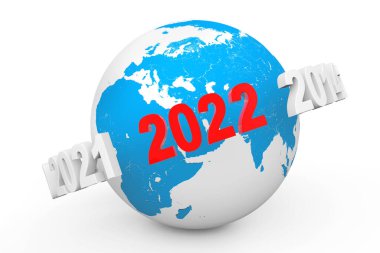 Yeni yıl kavramı. Dünya 'nın çevresindeki 3D numara 2022 beyaz arka planda. 3d Hazırlama
