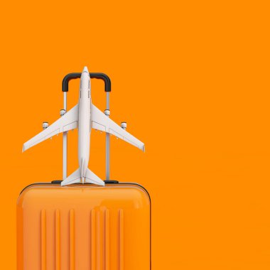 Seyahat Konsepti. Turuncu arka planda Beyaz Jet Yolcu Uçağı Modeli olan Turuncu Seyahat Bavulu. 3d Hazırlama