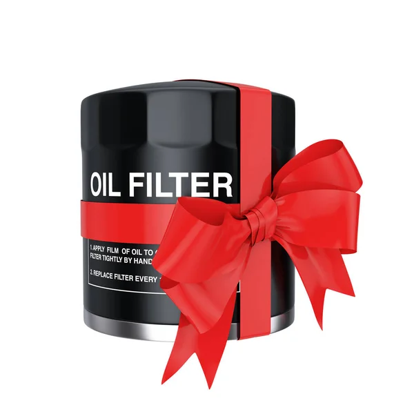 New Car Oil Filter Black Housing Red Ribbon Bow Білому — стокове фото