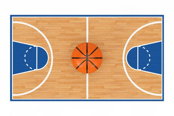 白地に線が描かれた木製バスケットボールコートフロア中央のオレンジバスケットボールボール 3Dレンダリング — ストック写真