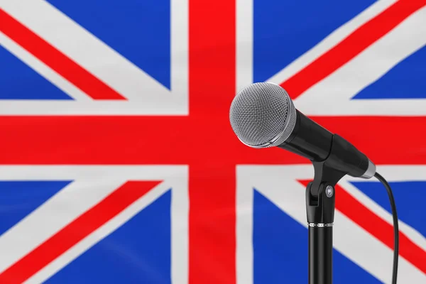 Speech Microphone Stand Blurred Great Britain Flag Extreme Closeup Rendering — Stock Photo, Image