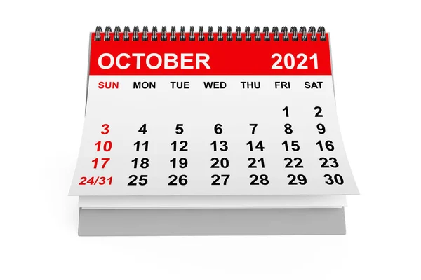 2021 Année Octobre Calendrier Sur Fond Blanc Rendu — Photo