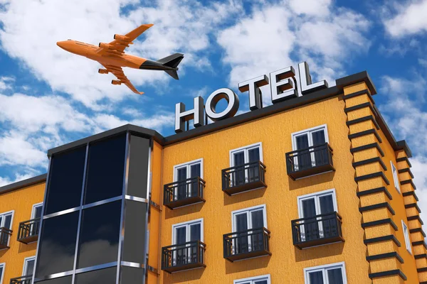 Jet Passengers Samolot Przelatuje Nad Modern Orange Hotel Building Tle — Zdjęcie stockowe