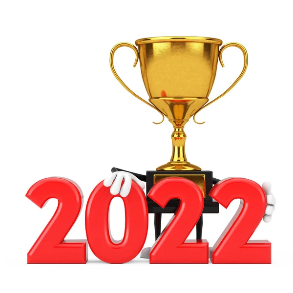 Golden Award Winnaar Trophy Mascotte Persoon Karakter Met 2022 Nieuwjaar — Stockfoto