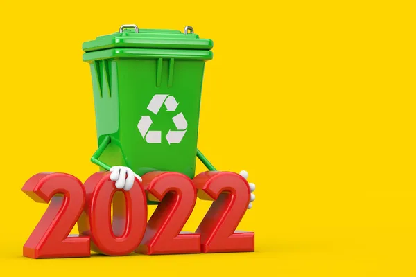 Recycle Sign Green Garbage Trash Bin Character Mascot with 2022 New Year Sign on a yellow background. 3d Rendering