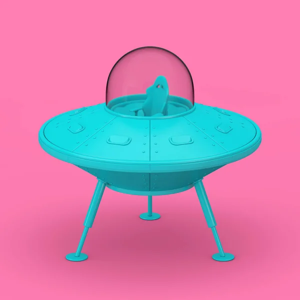 Blue Cute Spaceship Cartoon Ufo Duotone Style Fundo Rosa Renderização — Fotografia de Stock