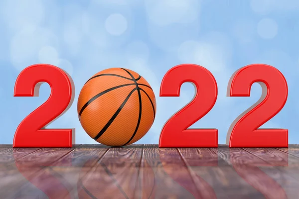 2022 Nový Rok Přihlásit Basketbal Míč Dřevěném Stole Vykreslování — Stock fotografie