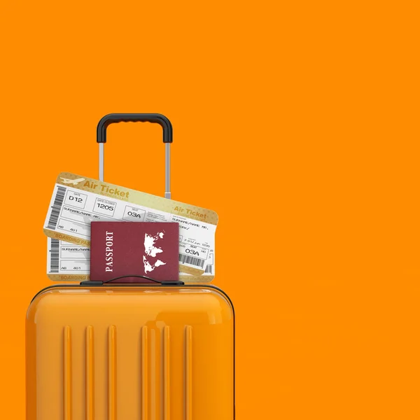 旅行のコンセプト ゴールデンビジネスまたはファーストクラスの航空会社搭乗券を持つオレンジトラベルスーツケースオレンジの背景に航空券とパスポートを飛ぶ 3Dレンダリング — ストック写真