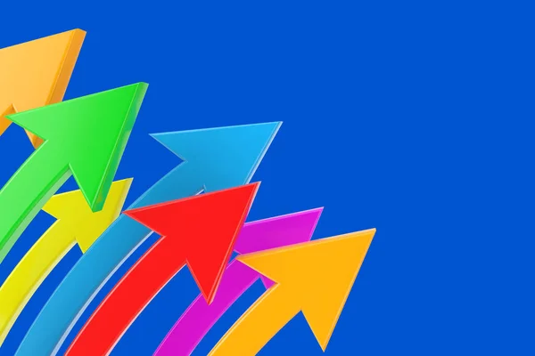 Zakelijk Concept Veelkleurige Gebogen Pijlen Een Blauwe Achtergrond Rendering — Stockfoto