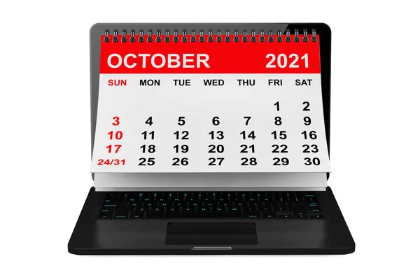 2021 Jaarkalender Oktober Kalender Laptop Scherm Een Witte Achtergrond Destructie — Stockfoto