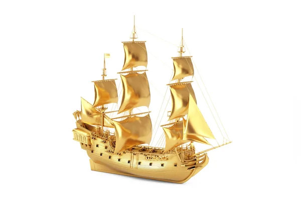 Beyaz Arka Planda Altın Vintage Uzun Yelkenli Gemi Caravel Korsan — Stok fotoğraf