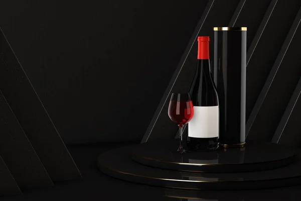Bottle and Glass of Red Wine with Package over Award Podium on a black background. 3d Rendering