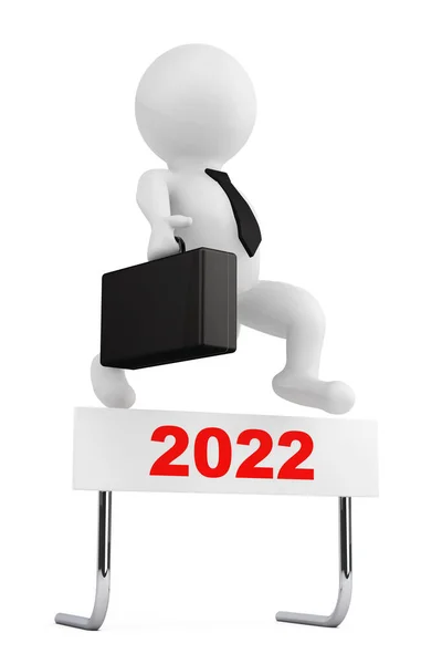 Empresário Saltar Sobre 2022 Ano Barreira Sobre Fundo Branco Renderização — Fotografia de Stock