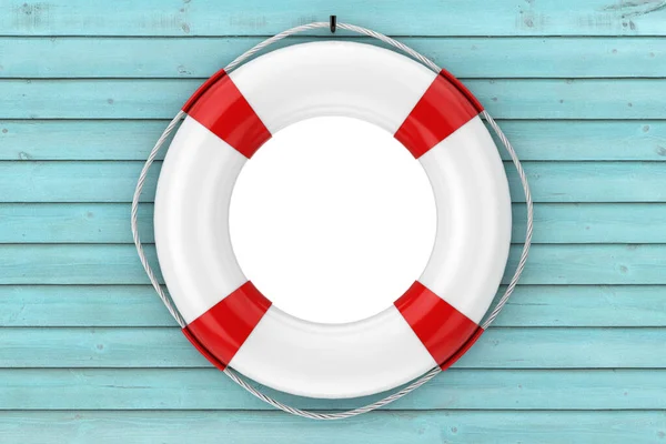 White Life Buoy Blue Wooden Plank Wall Hole Free Space — Stock Photo, Image