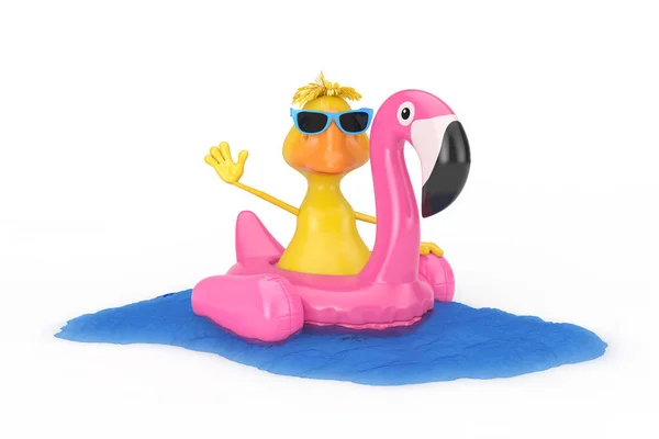 Cute Yellow Cartoon Duck Person Charakter Schwimmen Mit Sommer Schwimmbad — Stockfoto