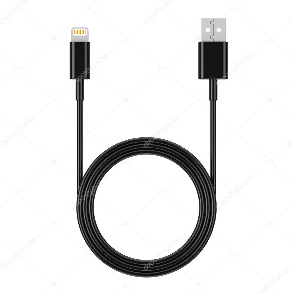 Black 8 Pin Charger Cable for Smartphone on a white background. 3d Rendering