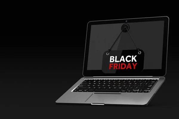 Laptop Moderno Com Black Friday Sale Banner Pendurado Assine Fundo — Fotografia de Stock