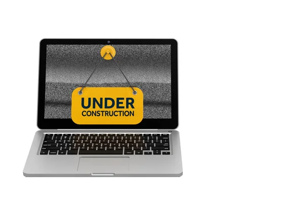 Laptop Modern Dengan Yellow Construction Hanging Banner Sign Pada Latar — Stok Foto