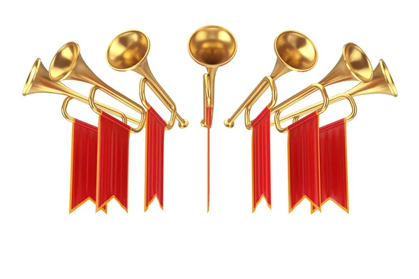 Goldene Fanfarentrompeten Mit Roten Fahnen Auf Weißem Hintergrund Darstellung — Stockfoto