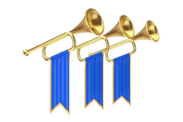 Golden Fanfare Trompetten Met Blauwe Vlaggen Een Witte Achtergrond Rendering — Stockfoto