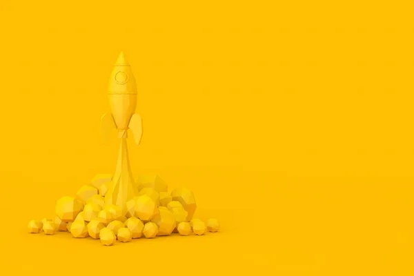 Startup Konzept Yellow Toy Rocket Hebt Spuckt Rauch Low Poly — Stockfoto