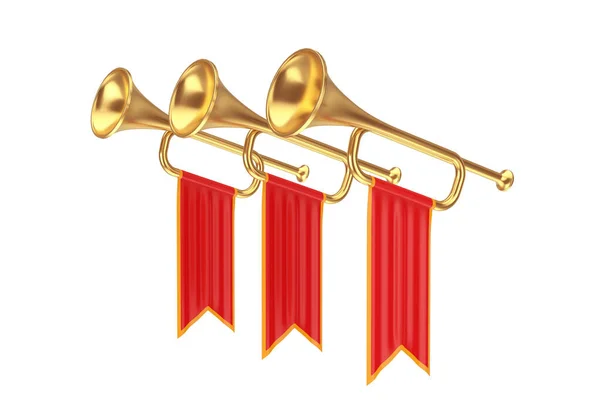 Zlaté Fanfáry Trumpety Červenými Vlajkami Bílém Pozadí Vykreslování — Stock fotografie