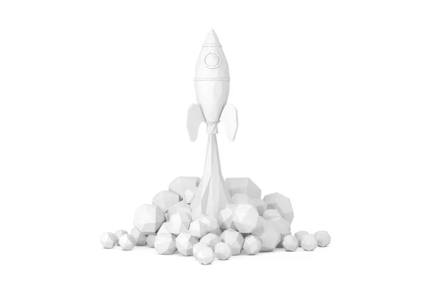 启动概念 玩具火箭在白色背景中以低波莉风格喷出烟雾 3D渲染 — 图库照片