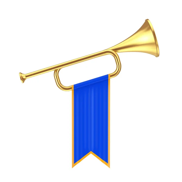 Trompeta Golden Fanfare Con Bandera Azul Sobre Fondo Blanco Renderizado — Foto de Stock