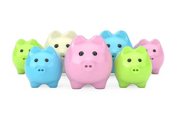 Row Colourful Piggy Banks White Background Rendering — Stock Photo, Image