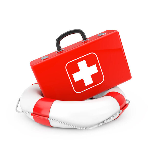Red Medical Case with White Life Buoy on a white background. 3d Rendering 