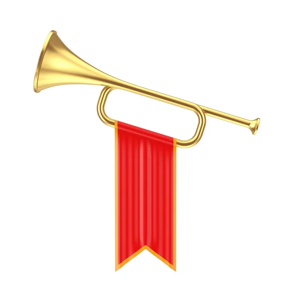 Golden Fanfare Trumpet Red Flag White Background Rendering — Stock Photo, Image