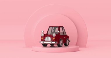4k Çözünürlük Videosu: Pembe Silindirler üzerinde Dönen Kırmızı Çizgi Film Arabası Pembe zemin döngü animasyonu üzerinde Sahne Yaya Arabası