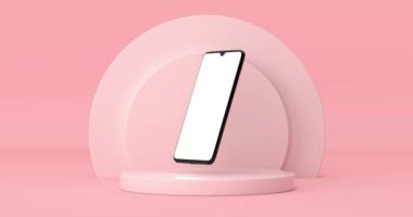 4k Çözünürlük Videosu: Pembe Silindirli Tasarımınız için Boş Ekran Dönüşü ile Modern Mockup Mobile Phone Pembe arka plan animasyonu üzerinde Sahne Yayası