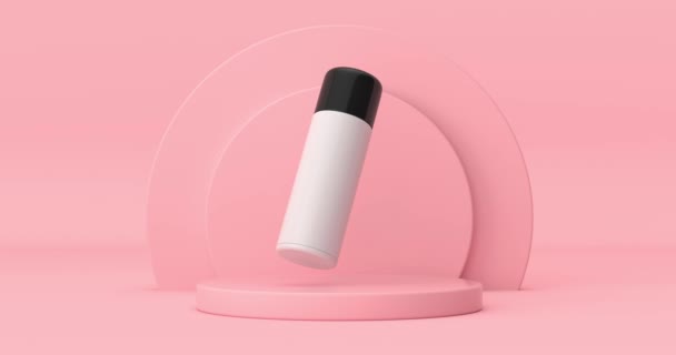 Разрешение Видео Белая Косметическая Бутылка Вращения Над Розовыми Цилиндрами Продукты — стоковое видео