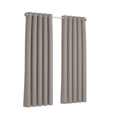 Beyaz arka planda asılı olan iki gri perdeli pencere. 3d Hazırlama 