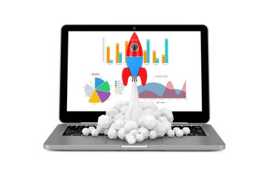 Başlangıç Konsepti. Oyuncak Roket Laptoptan Duman Kükretiyor ve beyaz arka planda İş Diyagramları ve Grafikleri var. 3d Hazırlama 