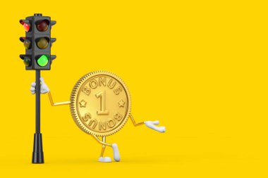 Altın Sadakat Programı Bonus Bozuk Para Karakteri Maskotu ve sarı arka planda trafik yeşil ışığı var. 3d Hazırlama 
