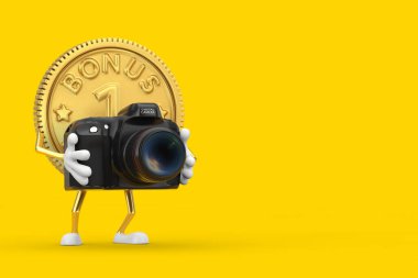 Altın Sadakat Programı Bonus Para Karakteri Maskotu ve sarı arka planda Modern Dijital Fotoğraf Kamerası. 3d Hazırlama 