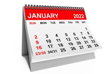 2022 Ocak takvimi beyaz arka planda. 3d Hazırlama