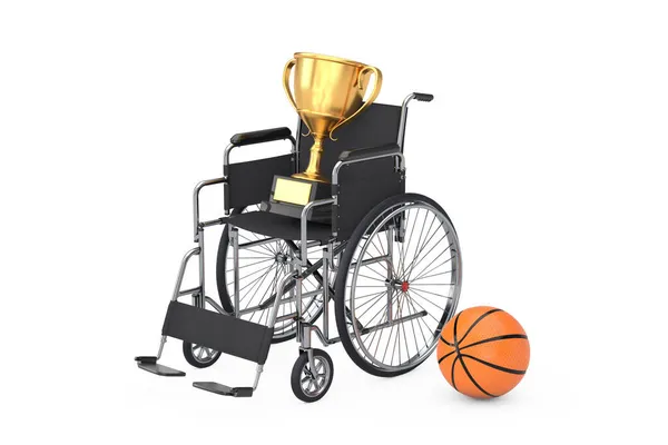 Sport Award Koncept Golden Award Trophy Rullstol Och Basket Boll — Stockfoto