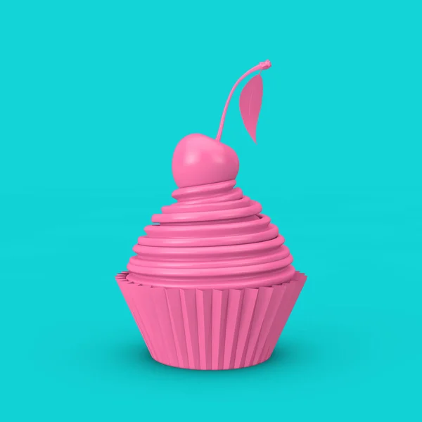 粉红圣代冰淇淋蛋糕与樱桃在杜通风格的蓝色背景 3D渲染 — 图库照片