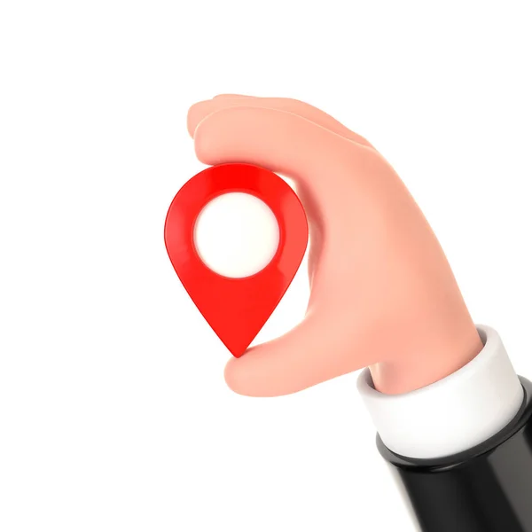 Cartoon Hand Holding Red Map Pin Puntatore Uno Sfondo Bianco — Foto Stock