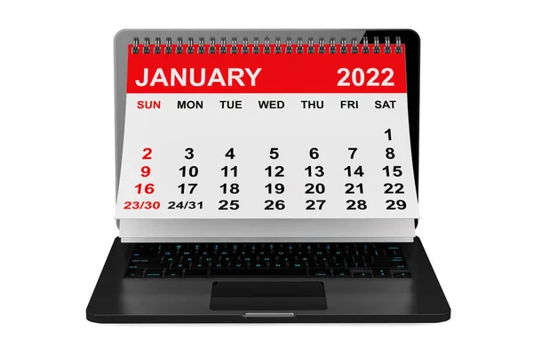 Календарь 2022 Года Январь Календарь Экране Ноутбука Белом Фоне Рендеринг — стоковое фото