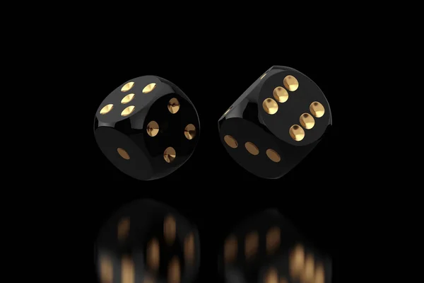 Casino Gambling Concept. Black Game Dice Cubes in Flight on a black background. 3d Rendering